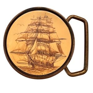 BTS 1978 Solid Brass Scrimshaw Ship Belt Buckle Made in USA Nautical Vintage